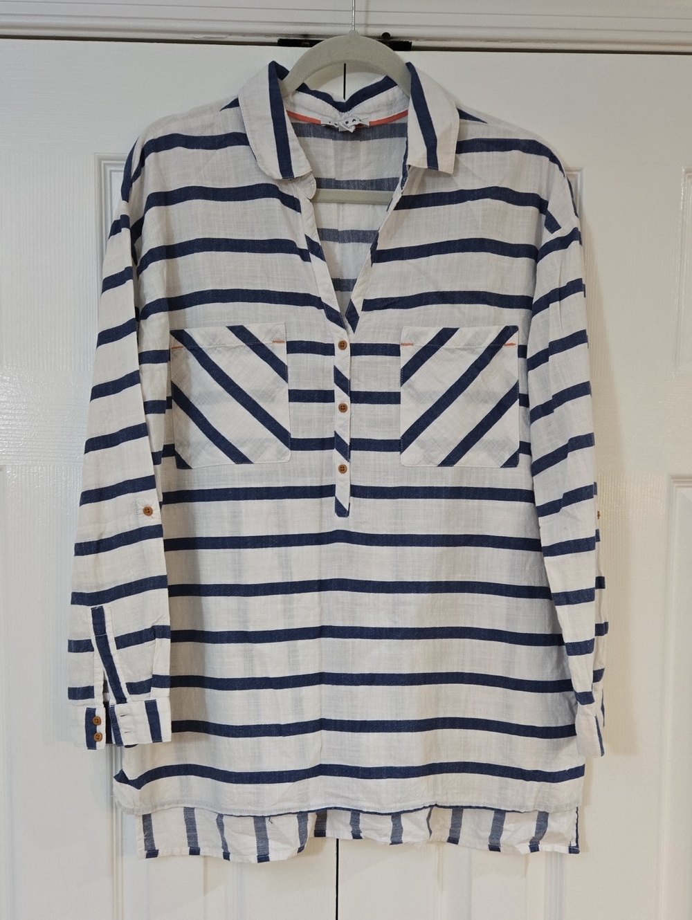 TRIBAL Striped Button Pullover Top in White and Navy